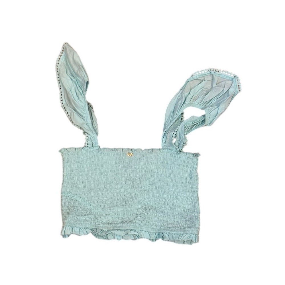 Fairy PQ Swim Smocked Crop Top Light Blue Cotton Ruffle Crochet Lace Strap XS/S